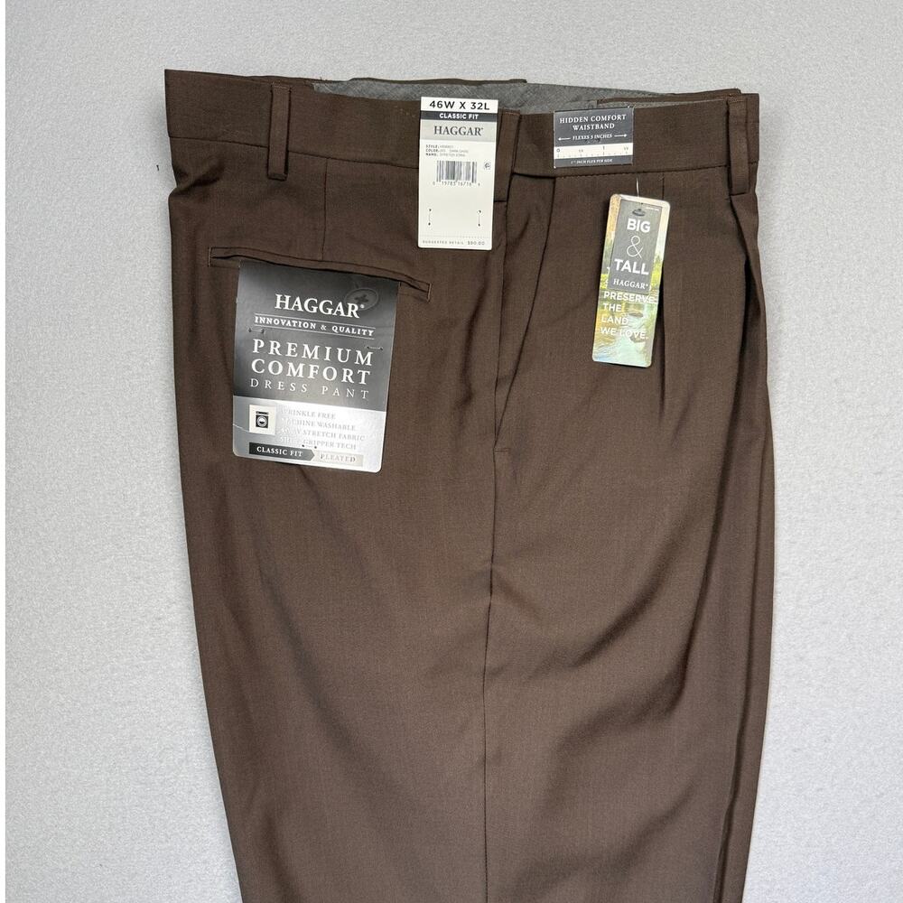 Haggar Men's B&T Comfort Classic-Fit Solid Pleated Dress Pants Brown 46x32 $80